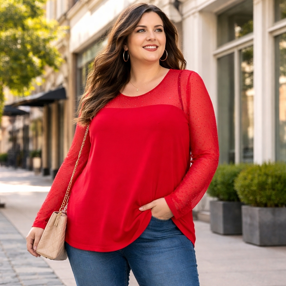 Penningtons Red Long Sleeve Embellished Mesh Blouse Plus Size